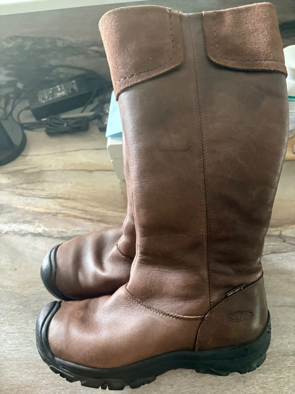 Keen Laken Tall Brown Leather Boots Side Zip Waterproof 7